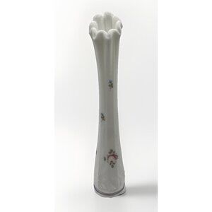 Vintage Westmoreland MCM Milk Glass Swung Bud Vase 10.25" Hand Painted Ribbed